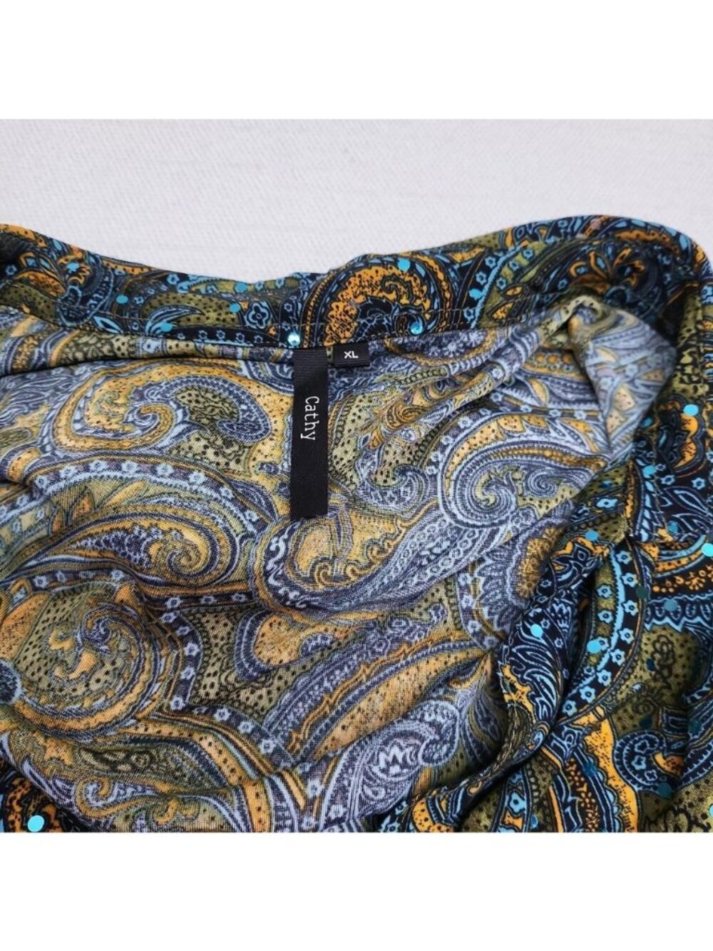 Cathy Womens XL Paisley Tunic Top Blue Teal Gold Boho Roll Tab Sleeve Blouse - Picture 5 of 8